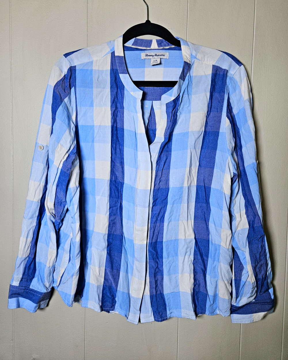 Tommy Bahama Women's Size Large Viscose Blue White Plaid Long Sleeve Band Collar